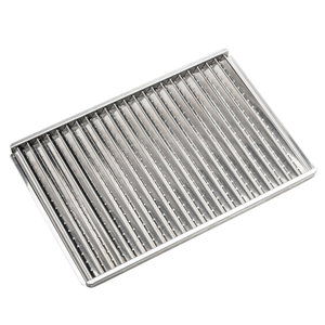 Stainless steel grill grate with parallel bars and raised edges, ideal for grilling food evenly and safely.