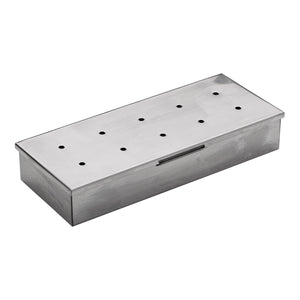 Silver rectangular metal box with multiple holes and a small handle.