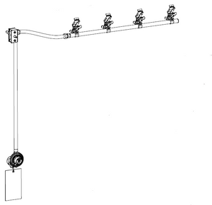 Wall-mounted gas manifold with four control valves, pressure gauge, and vertical pipe for regulated gas distribution.