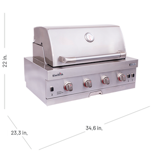 Char-Broil stainless steel gas grill head; 22 in. high, 23.3 in. deep, 34.6 in. wide; 4 control knobs visible.