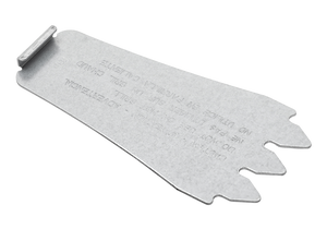 Flat metal grill scraper with three notched edges and engraved safety instructions, designed for cleaning grill grates.