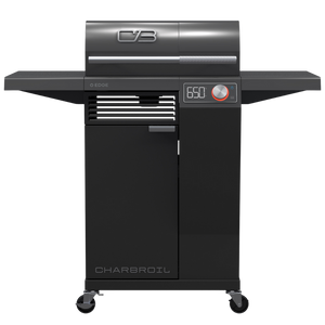 Black Char-Broil Edge 650 electric grill with digital display and control panel.