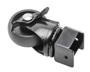 Black swivel caster wheel with mounting bracket and brake lever, suitable for furniture or equipment mobility.