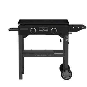 Black Char-Broil electric grill with control knobs and wheels.