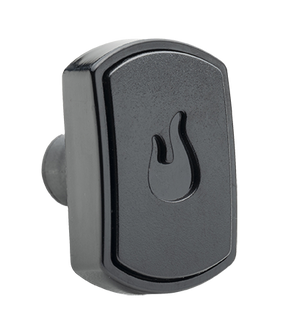 Black rectangular grill igniter button with flame symbol, textured surface, easy grip design.