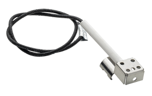 Metal cartridge heater with a white ceramic body, black braided power cord, and a square mounting end.