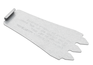 Flat metal grill scraper with three notched edges and embossed safety instructions, designed for cleaning grill grates.