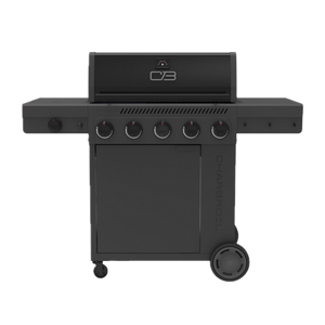 Black Char-Broil gas grill with four burners and side shelves.