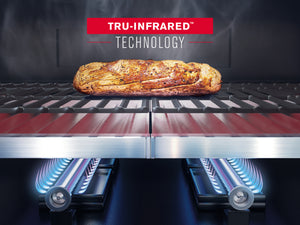 A steak cooks on Char-Broil TRU-Infrared grill grates, showing even heat distribution and reduced flare-ups.