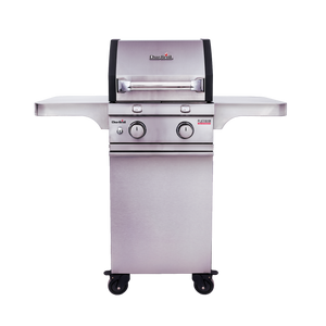 Char-Broil Platinum Series 2-burner stainless steel gas grill with side shelves and locking caster wheels.