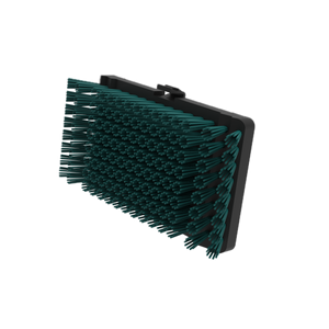 Green bristle brush with black handle, angled view.