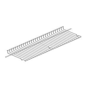 Wire closet shelf, rectangular with raised edges, open grid design for ventilation and easy storage.