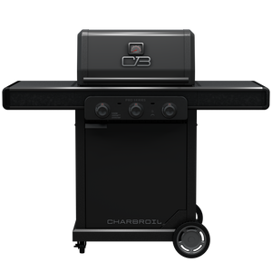 Black Char-Broil Pro Series gas grill with control knobs and side shelves.