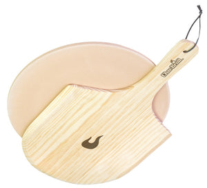 Natural wood pizza peel with Churrin brand, beige circular surface.