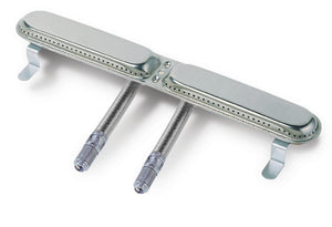 Silver surgical retractor with adjustable blades and screws.