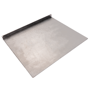 Silver metal baking sheet with raised edges.