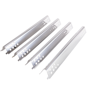 Silver metal grill burners with circular holes, set of four.