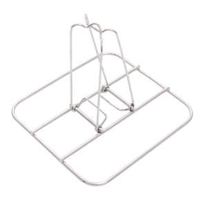 Silver metal dish drying rack with triangular support structure.