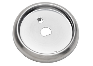Round stainless steel escutcheon plate with central and side cutouts, smooth finish, used for covering pipe openings.