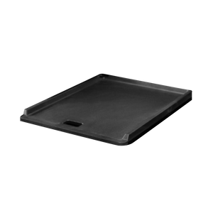 Black rectangular griddle with handle and textured surface.