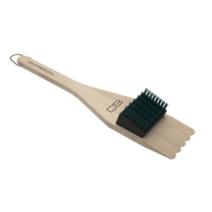 Wood-handled Char-Broil grill brush with black bristles and metal hook.