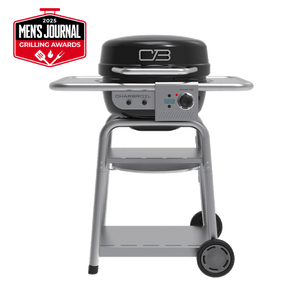 Char-Broil Bistro Pro electric grill with charcoal mode, silver frame, black lid, and wheels.