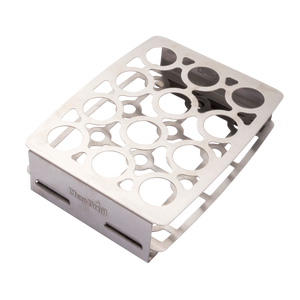 Silver metal grill grate with circular cutouts and "Char-Broil" branding.