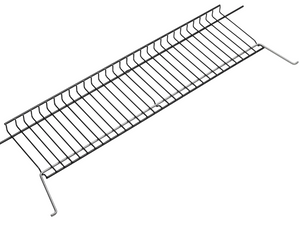 Metal wire shelf with side hooks, rectangular shape, black finish. Ideal for storage or organizing items.