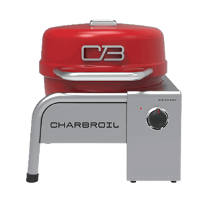 Red Char-Broil Bistro Pro electric grill with charcoal mode.