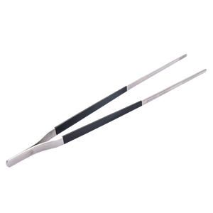 Silver and black metal tweezers with ergonomic grip.