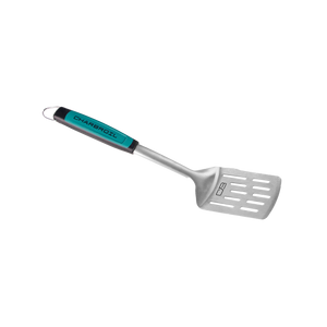 Teal and gray Char-Broil spatula with metal handle and rubber grip.