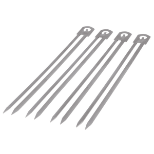 Silver metal skewers with rounded tips and notches.