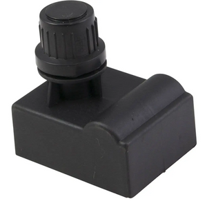 Black plastic irrigation dripper with adjustable flow knob, rectangular base, and ribbed cylindrical top.