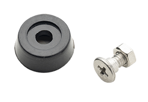 Black rubber bumper with a central hole, paired with a metal screw and nut. Ideal for mounting and shock absorption.