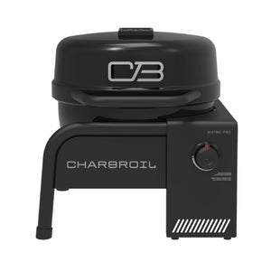 Black Char-Broil Bistro Pro electric grill with control knob.