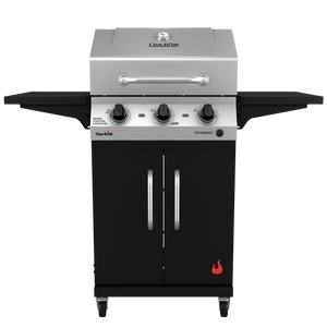 Silver Char-Broil Performance gas grill with black side shelves and control knobs.