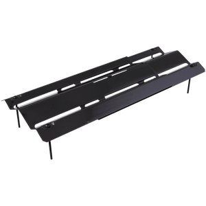 Black metal rack with four legs and multiple slots.