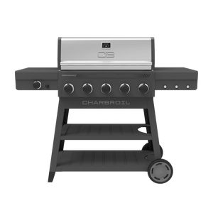 Black Char-Broil Performance Series gas grill with four burners and side shelves.