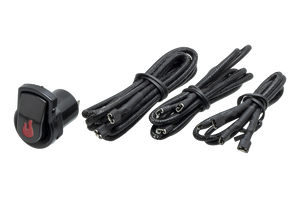 Car seat heater kit with black switch and three bundled cables, featuring easy-connect terminals.