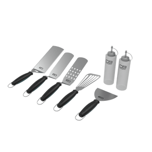 Gray and black kitchen tools set with Char-Broil branding.