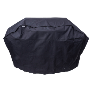 Black Char-Broil grill cover protecting a large outdoor grill, shown against a white background.