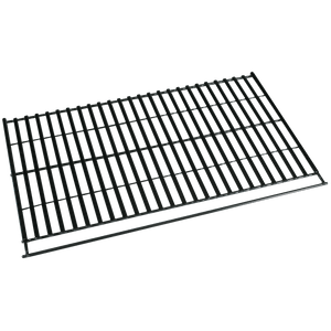 Black metal grate with rectangular openings, angled view.
