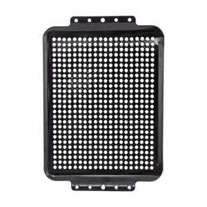Black perforated metal grille with mounting brackets.