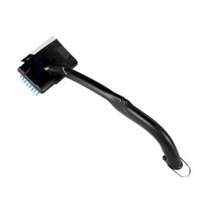 Black grill cleaning brush with a long handle and durable bristles, designed for safe and easy grill maintenance.