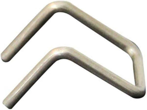 Metal tension clip, silver, V-shaped with rounded corners, used for securing or fastening objects.