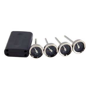 Set of four meat thermometers with black case, featuring temperature indicators for rare, medium, and well-done.