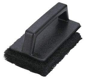 Black plastic cleaning brush with textured bristles and handle.