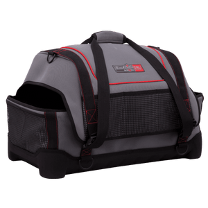 Gray and black Char-Broil TRU grill accessory bag with red accents and mesh pockets.