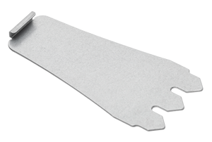 Flat metal PCI slot cover with notched ends and a raised tab, used for computer case expansion slots.