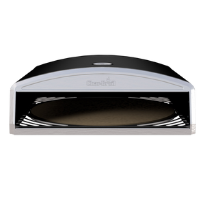White Char-Broil pizza oven with black interior and vented sides.